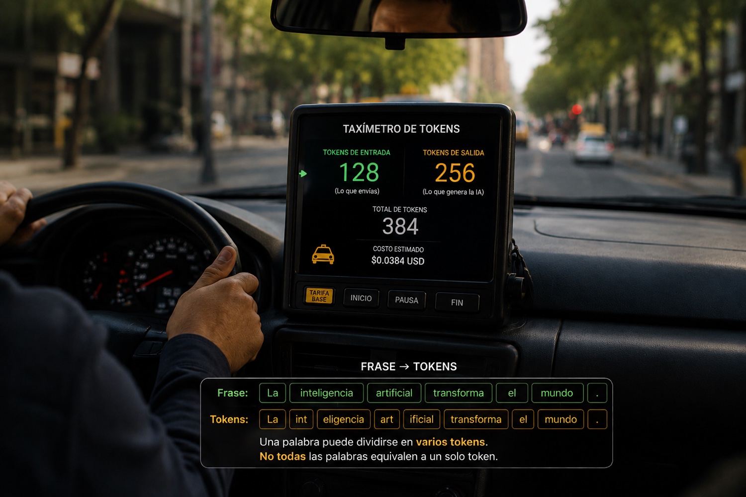 Taxímetro de tokens: cada frase se divide en tokens de entrada y de salida