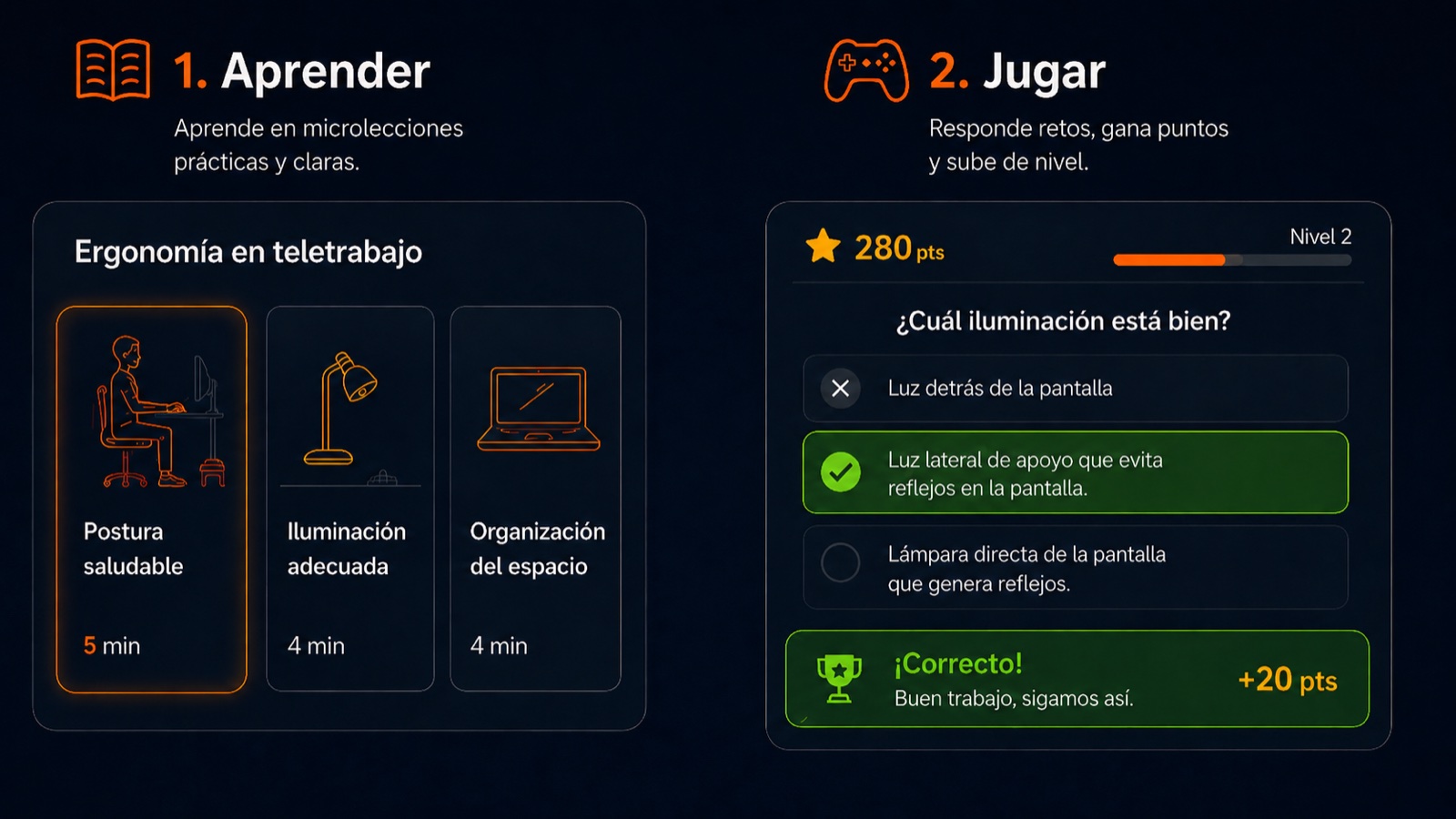 Aprender y jugar: microlecciones de ergonomía y retos con puntaje