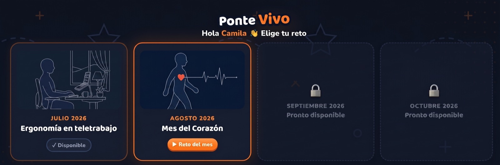 Pantalla de retos de Ponte Vivo: un desafío disponible por mes