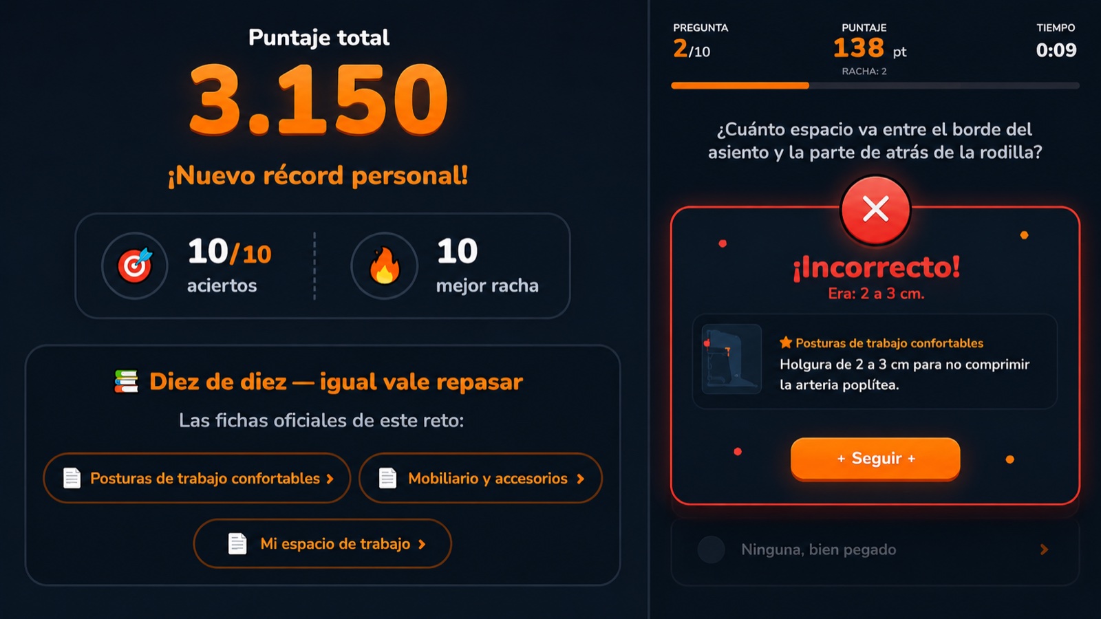 Resumen de una partida con récord personal y el detalle de una respuesta incorrecta con su fuente